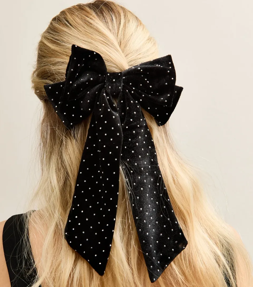 Black Velvet Diamante Embellished Bow Hair Slide