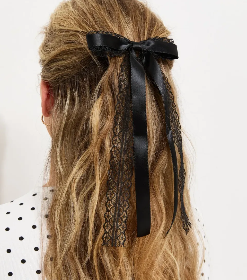 Black Satin Lace Bow Hair Clip
