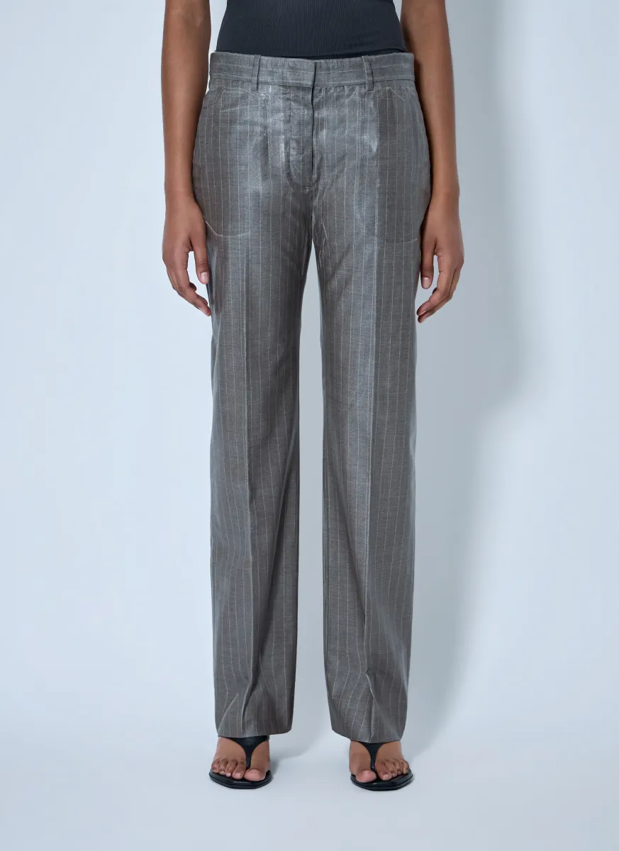 Coated Pinstripe Trousers