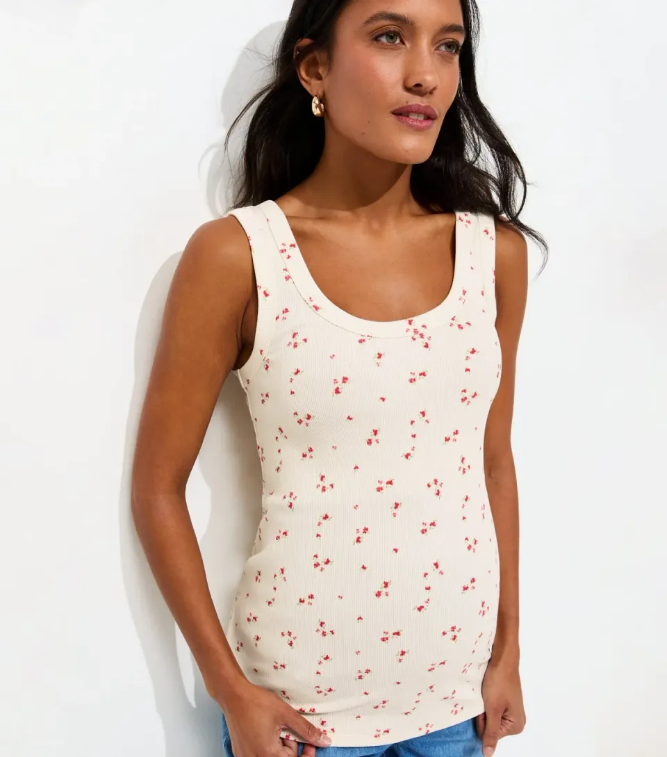 Women's Maternity Cream Mini Floral Wide Trim Scoop Neck Vest Top