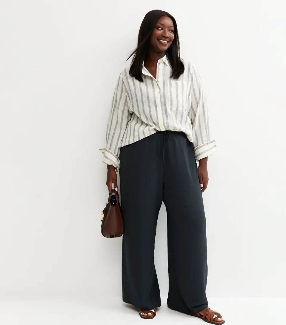 Women's Plus Size Navy Drawstring Wide Leg Trousers Curves