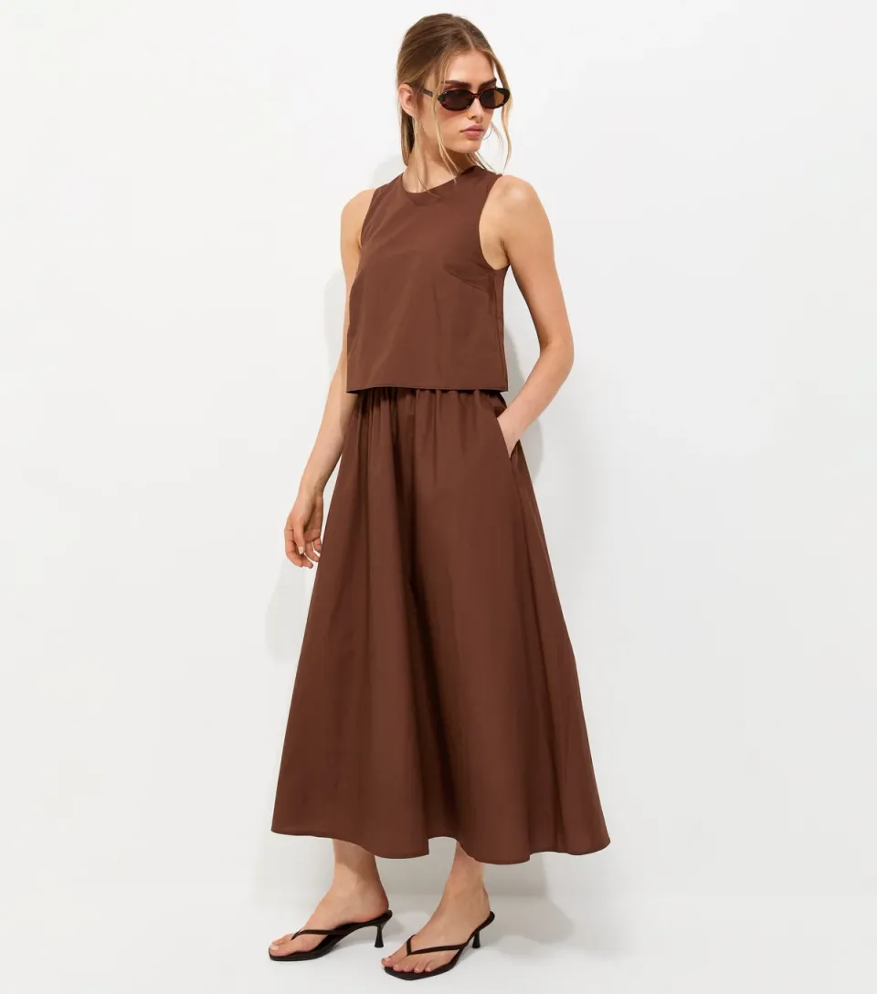 Women's Dark Brown Cotton Layered 2-in-1 Sleeveless Midi Dress