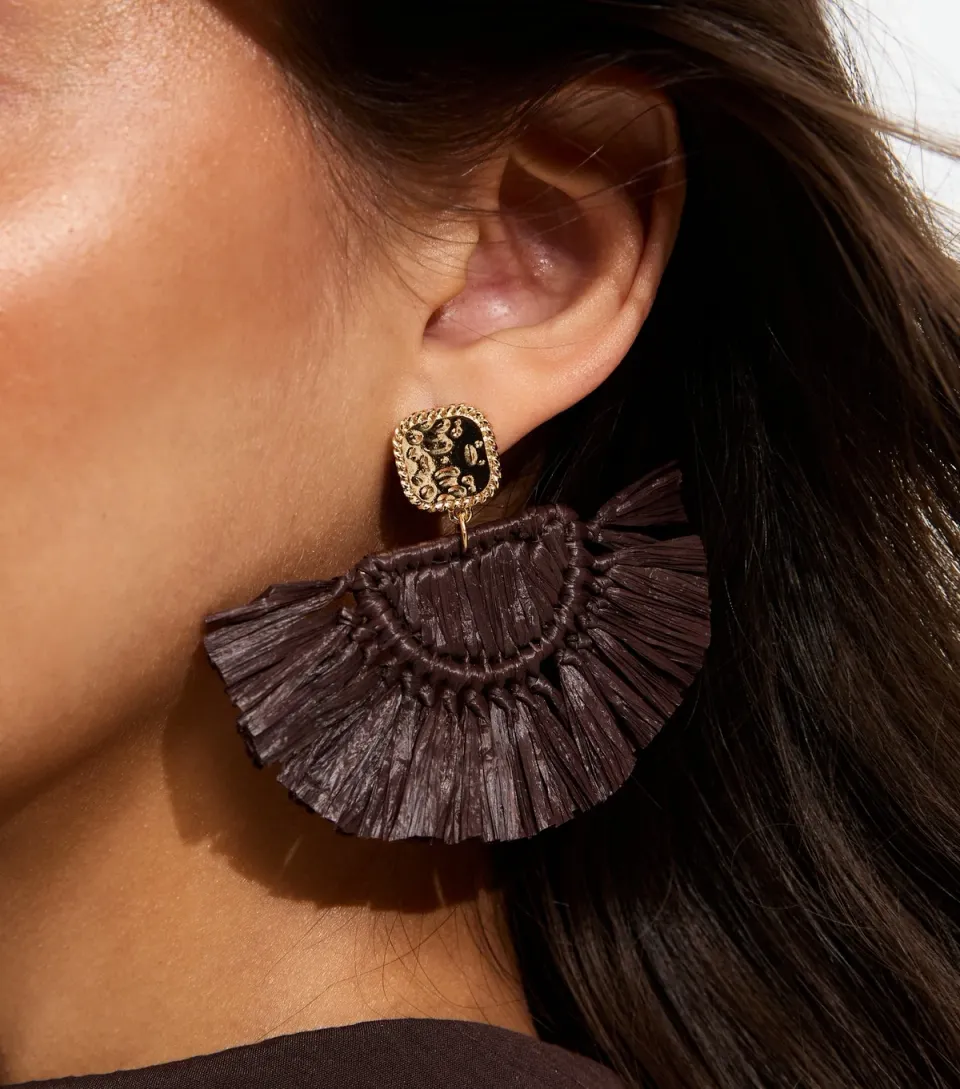 Brown Raffia Tassel Drop Earrings