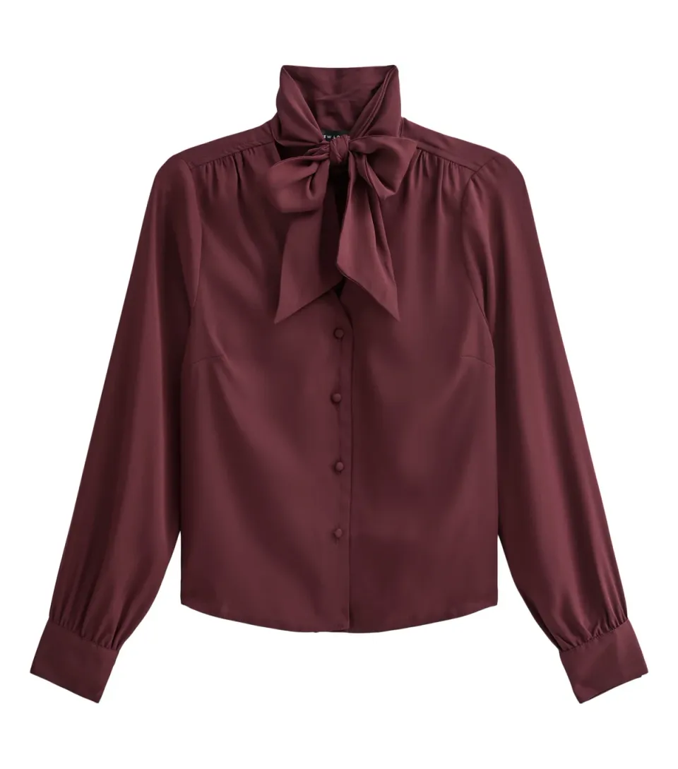 Women's Dark Burgundy Woven Pussybow Blouse