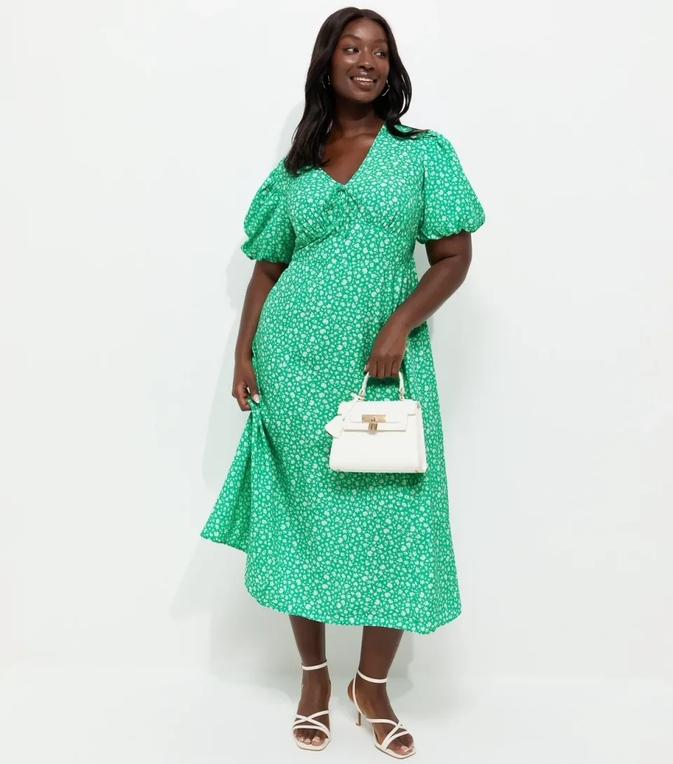 Women's Plus Size Turquoise Crepe Ditsy Puff Sleeve Tie Midi Dress Curves