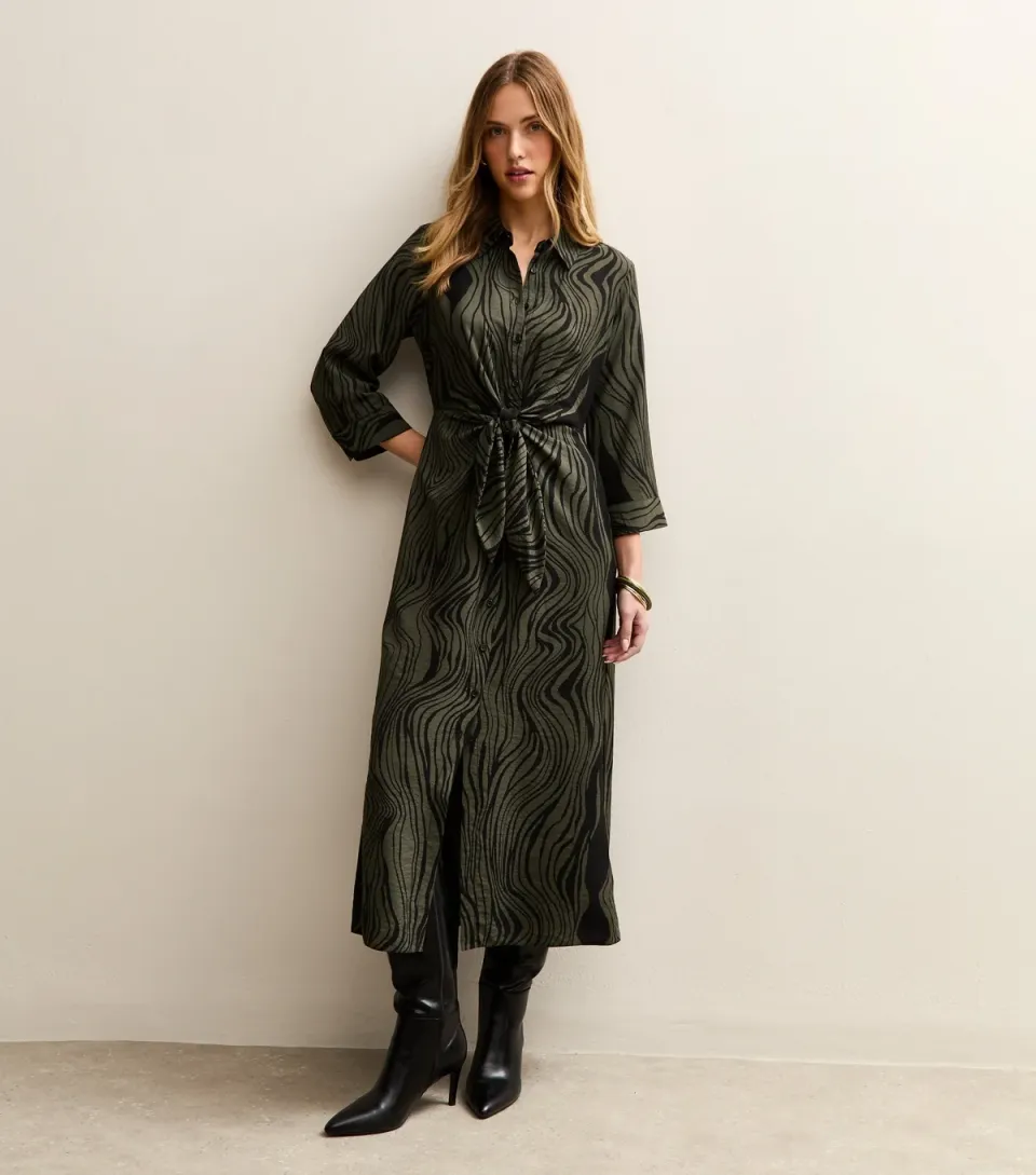 Women's Black Abstract Pattern Midi Shirt Dress