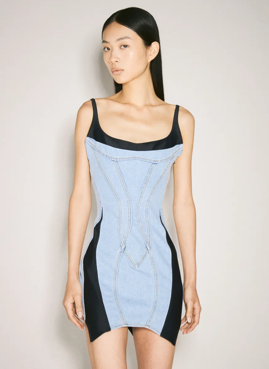 Bi-Material Spiral Denim Dress
