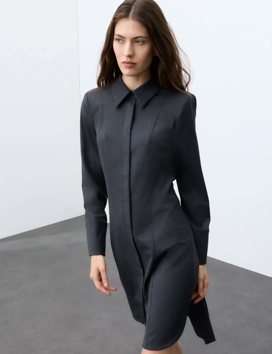 Wool Blend Draped Back Shirt Dress Dark Grey