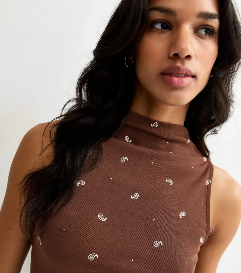 Women's Brown Paisley High Neck Sleeveless Top