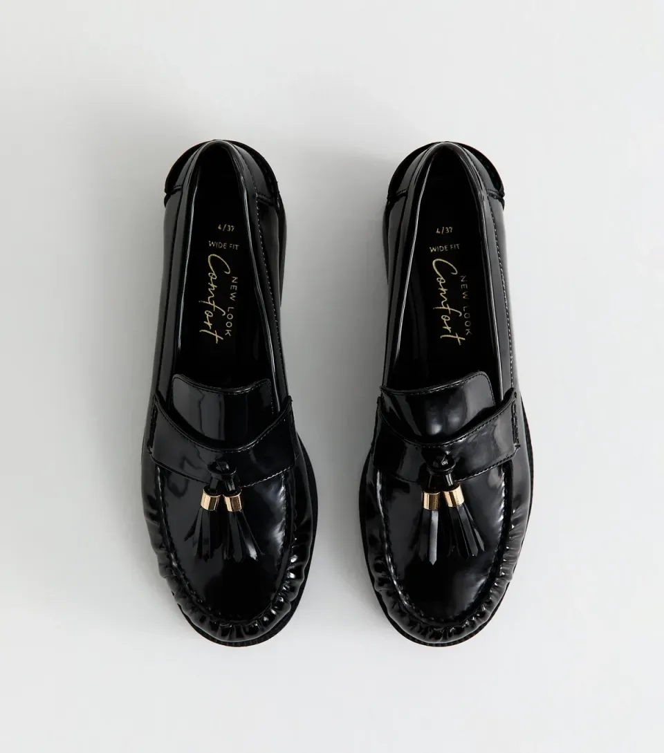 Women's Wide Fit Black Patent Faux Leather Tassel Detail Loafers Vegan