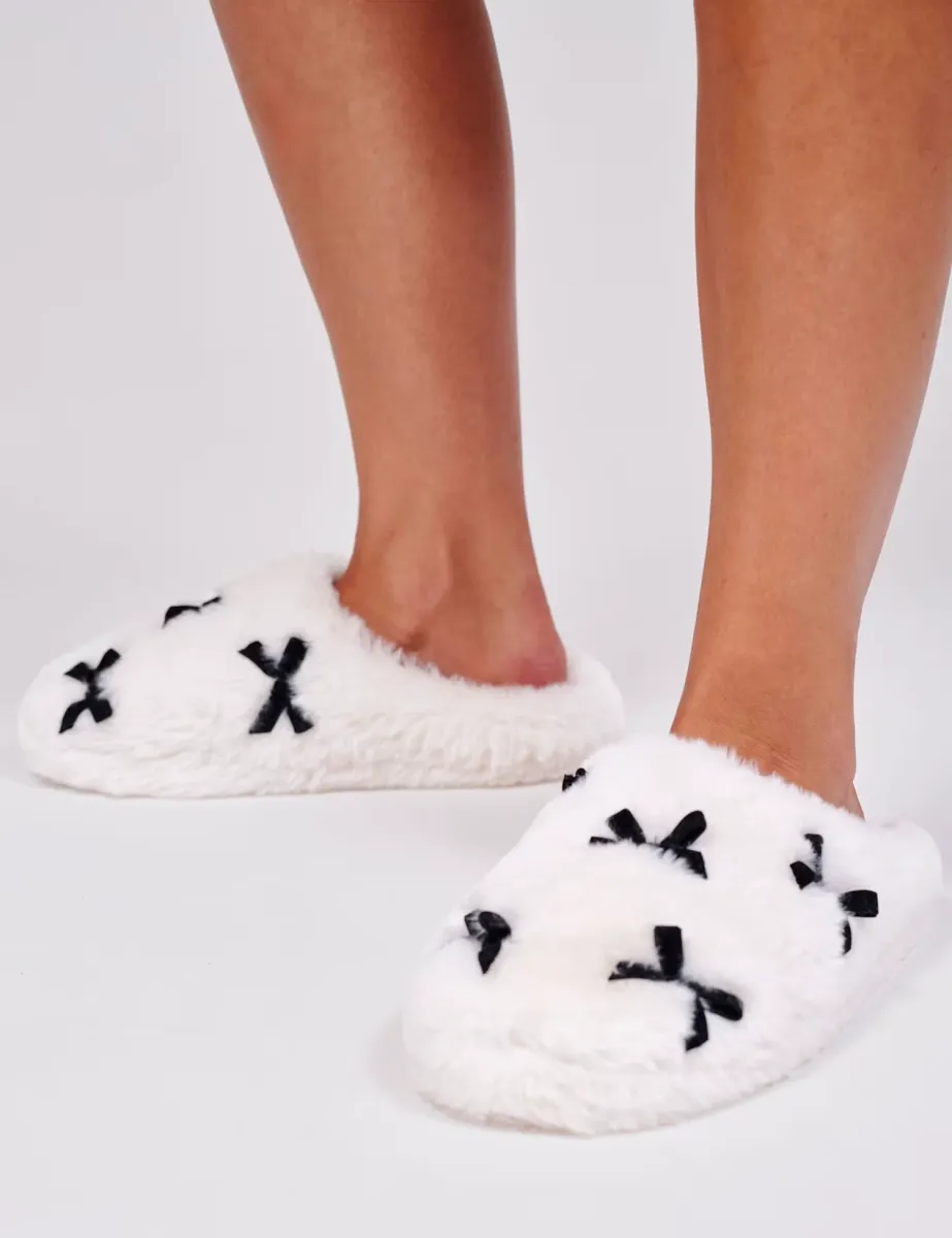Monochrome Faux Fur Bow Mule Slippers