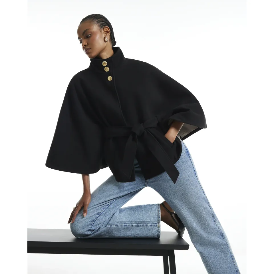 Funnel Neck Belted Cape Coat