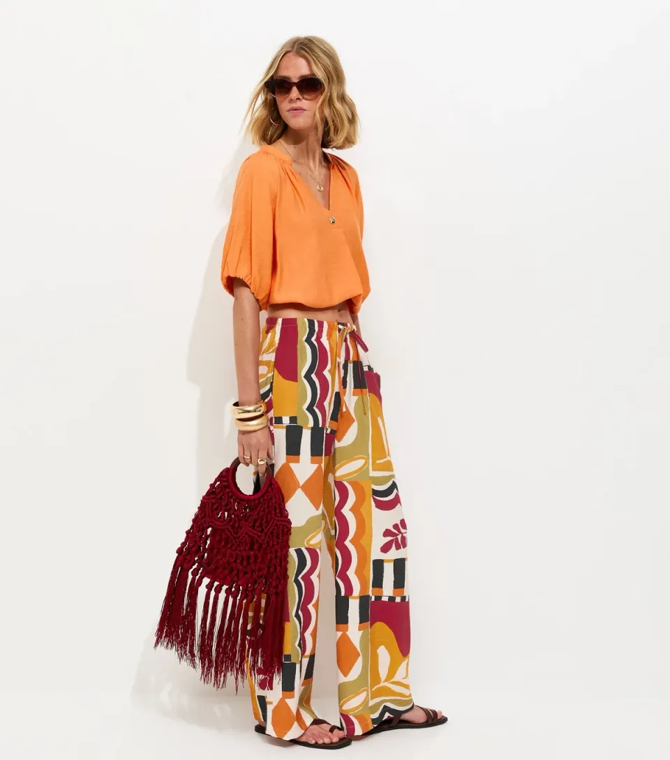 Women's Orange Abstract Print Wide Leg Trousers