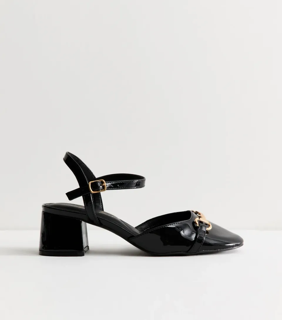 Women's Wide Fit Black Faux Patent Leather Two Part Block Heels Vegan