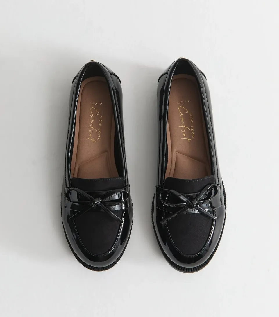 Women's Wide Fit Black Patent Faux Leather Bow Loafers Vegan