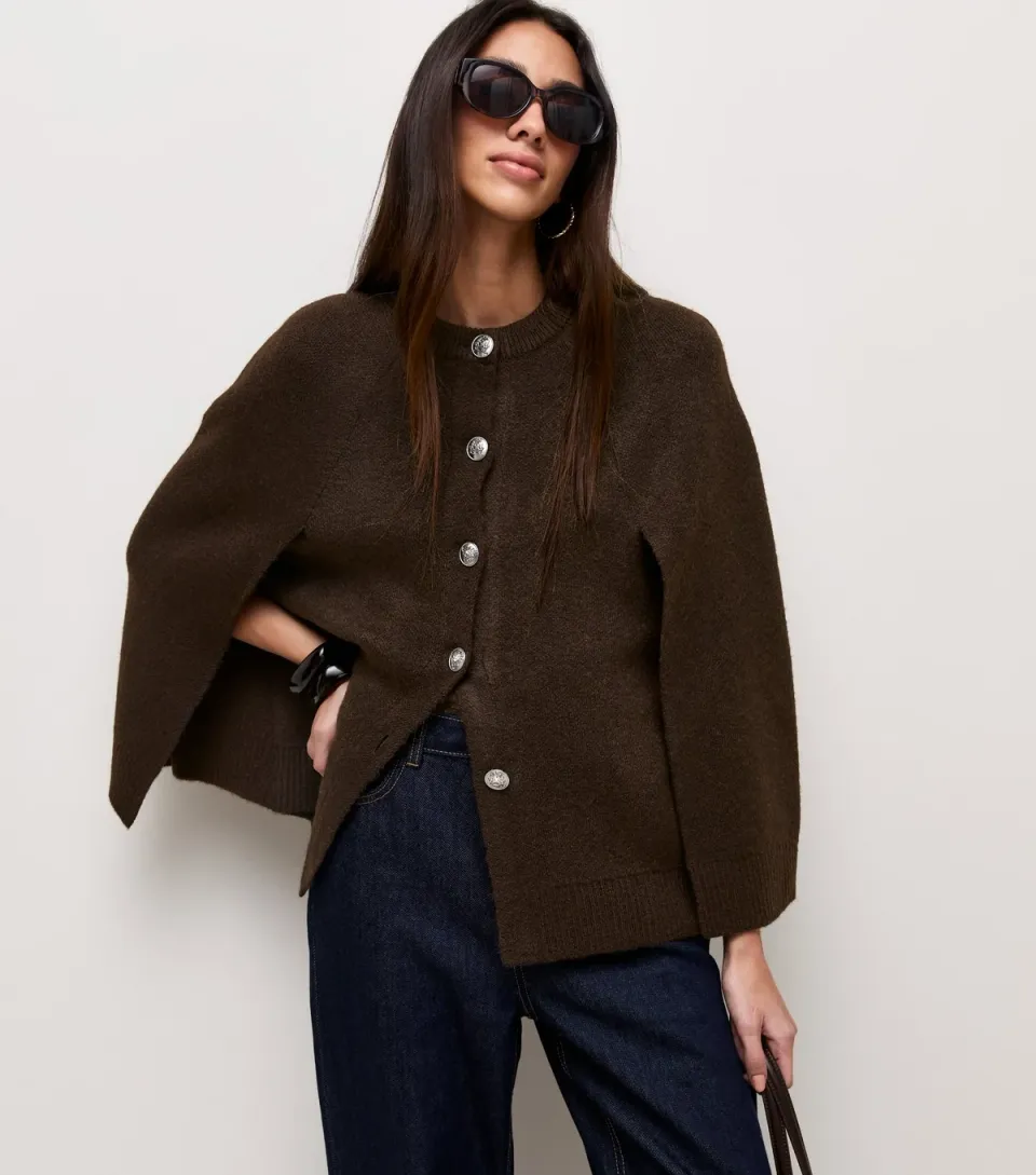 Women's Dark Brown Button Through Cape Cardigan