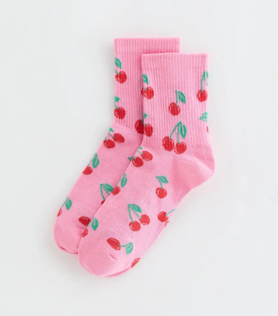 Pink Cherry Pattern Ribbed Tube Socks
