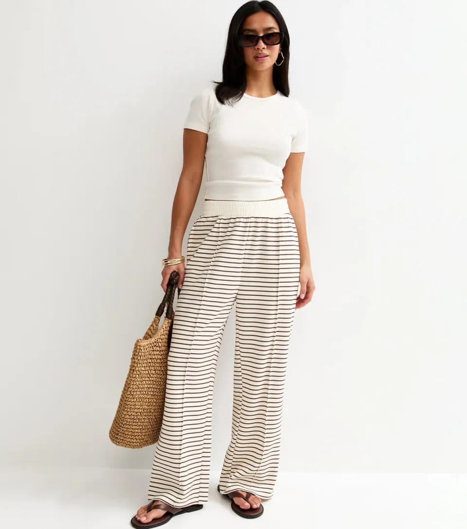 Women's Petite Premium White and Brown Premium Striped Wide Leg Joggers