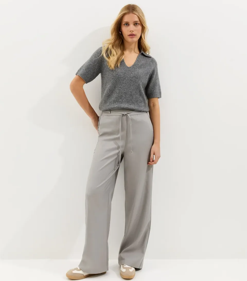Women's Light Grey Tie Waist Wide Leg Trousers