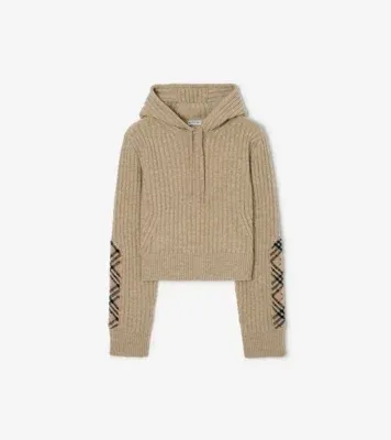 Check Patch Wool Cashmere Hoodie in Light brown melange