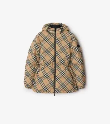 Check Nylon Hooded Puffer Jacket in Sand beige