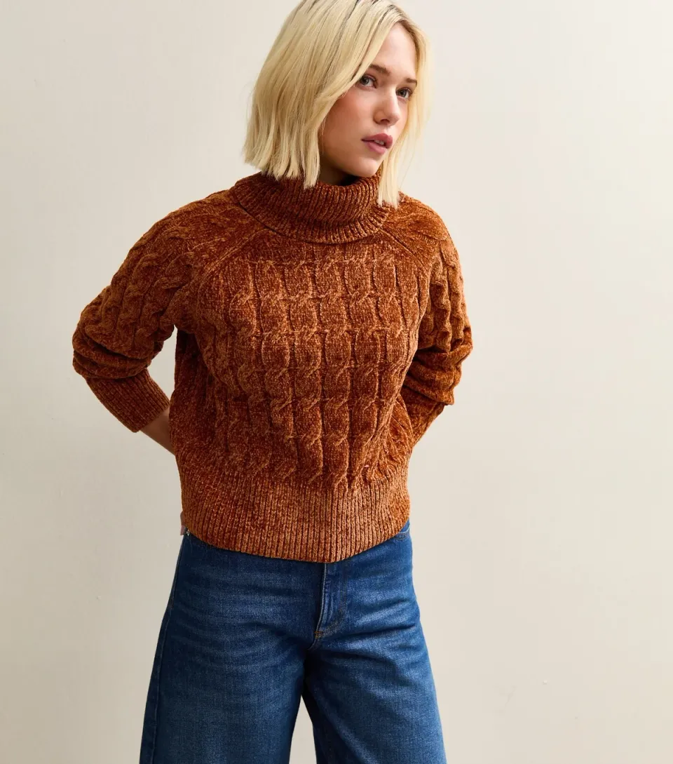 Women's Tan Chenille Cable Knit Roll Neck Jumper