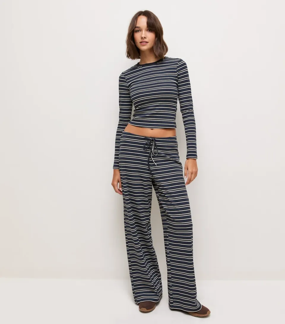 Women's Navy Cotton Rich Stripe Wide Leg Trousers
