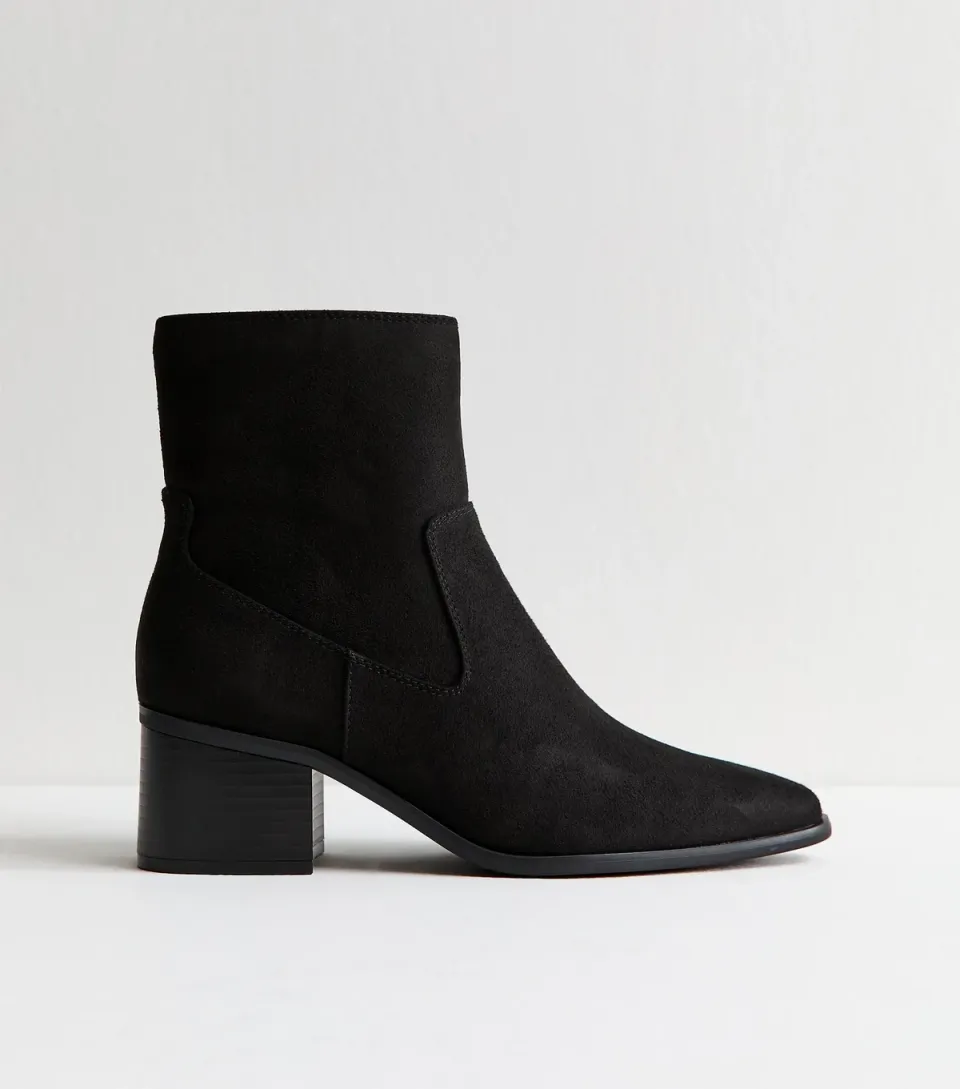Women's Black Faux Suede Block Heel Ankle Boots Vegan