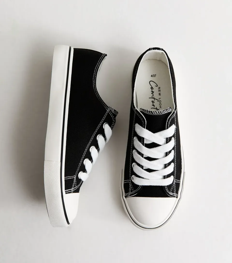 Women's Black Canvas Lace Up Trainers Vegan