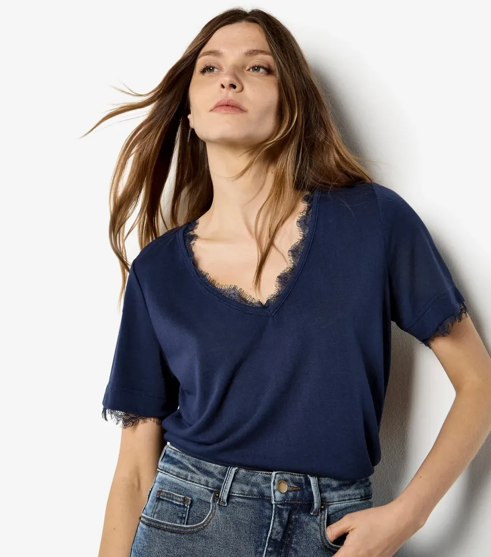 Women's Navy Eyelash Lace Trim Slub T-Shirt
