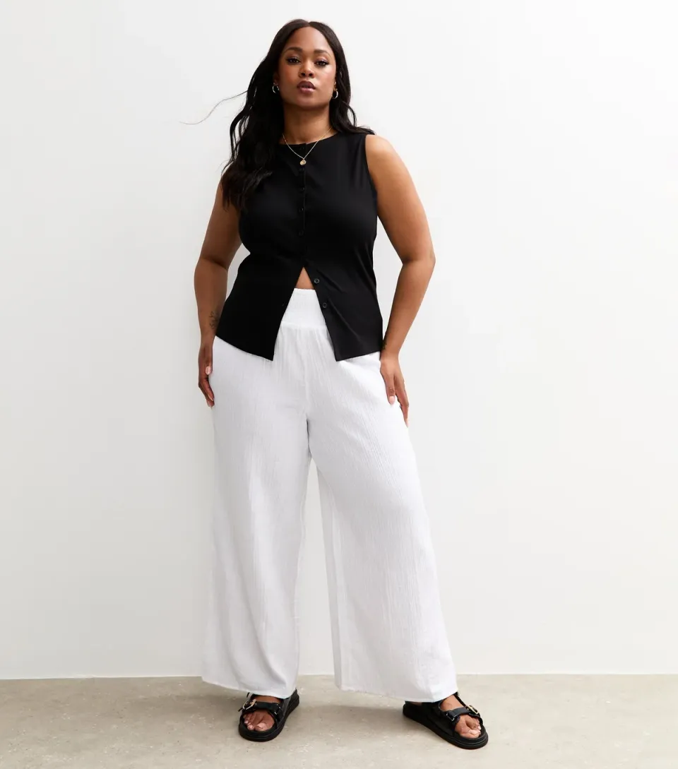 Women's Plus Size White Shirred Waist Wide Leg Trousers Curves