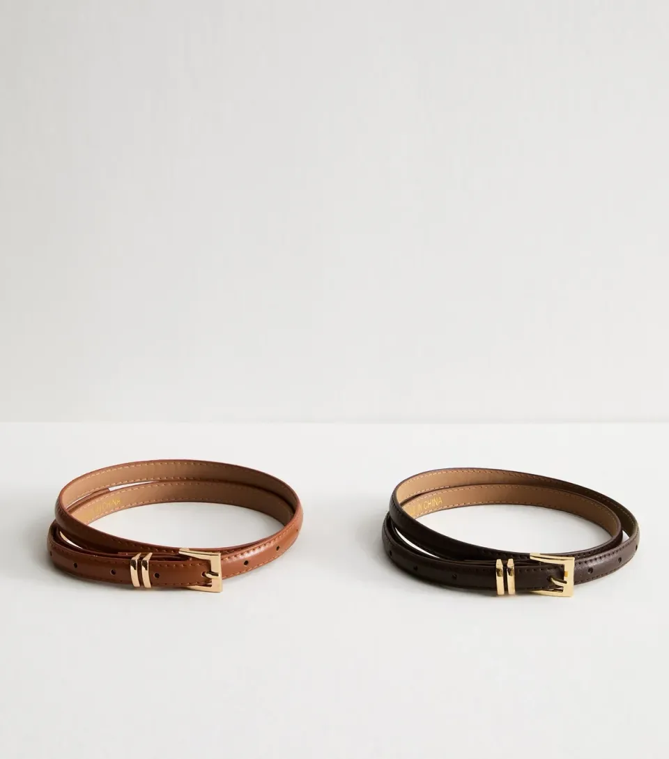 Pack Of 2 Brown Faux Leather Buckled Belts