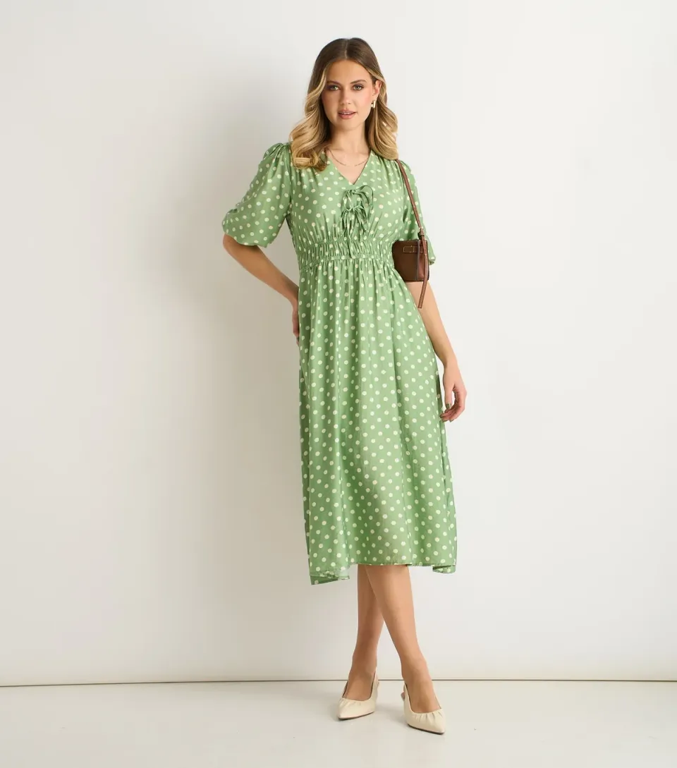 Women's Green Polka Dot Midi Dress