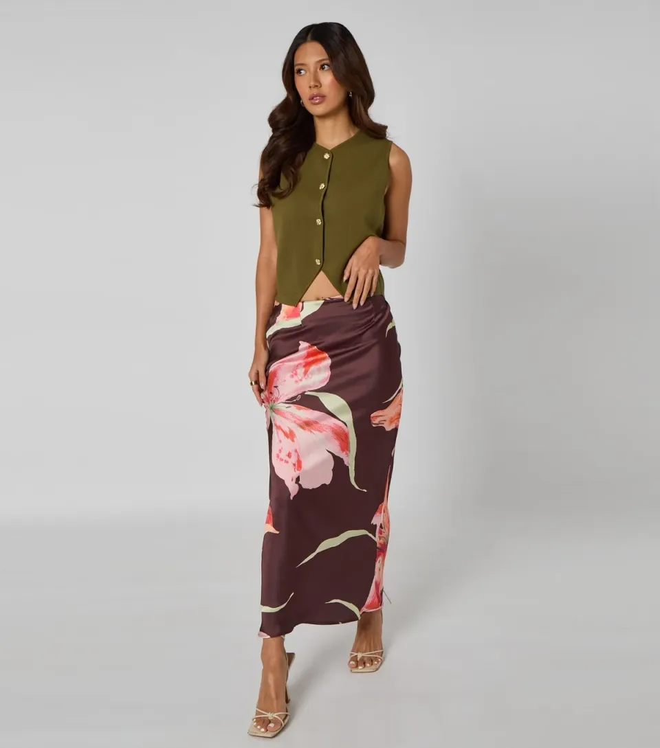 Women's Brown Floral Midi Skirt