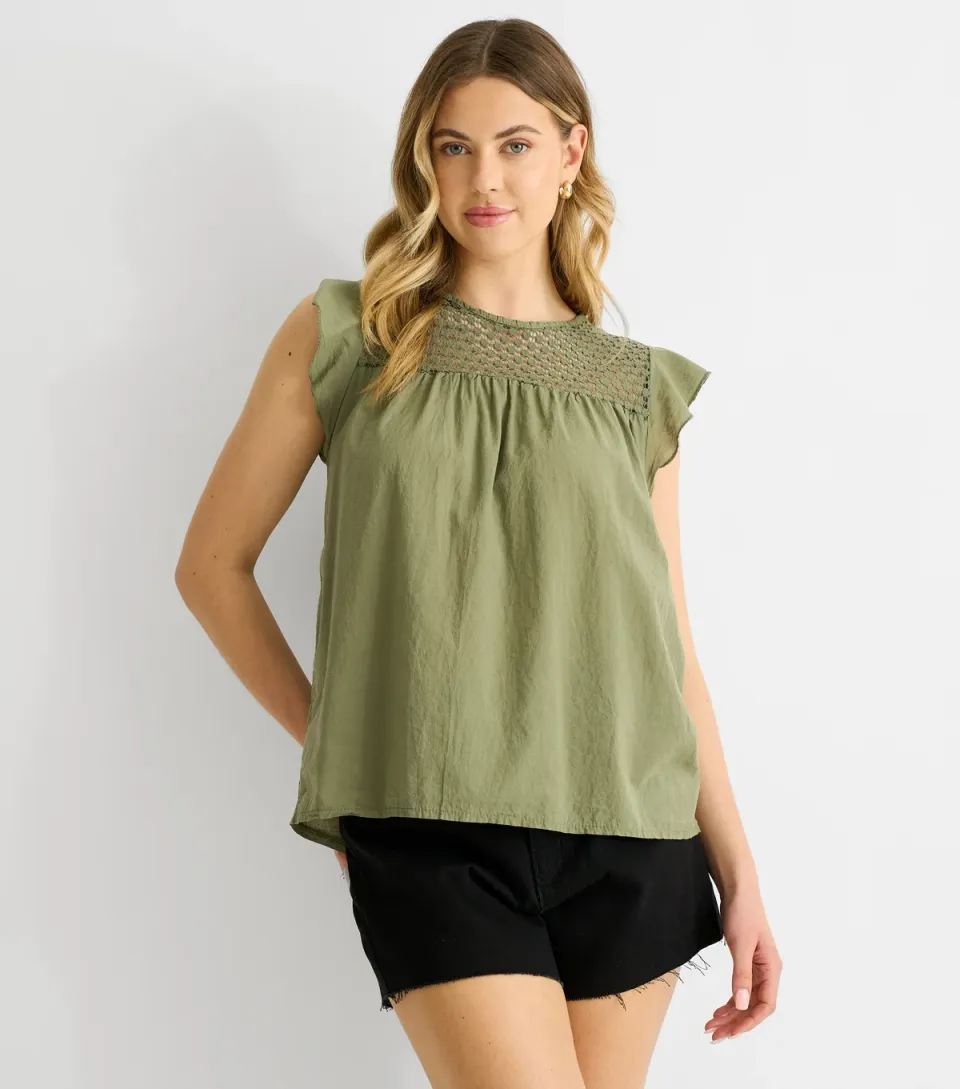 Women's Khaki Crochet Panel Top