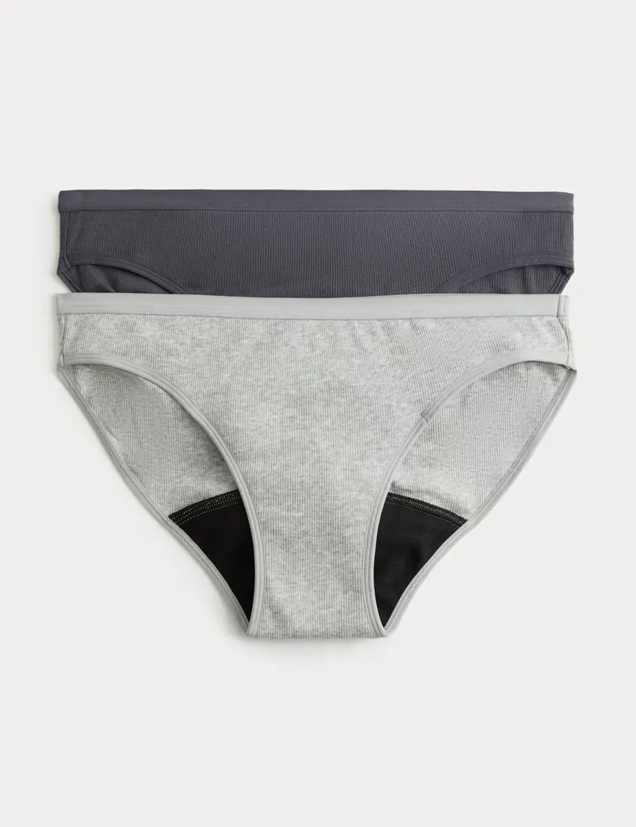 2 Pack Ribbed Period Bikini Knickers Grey Mix