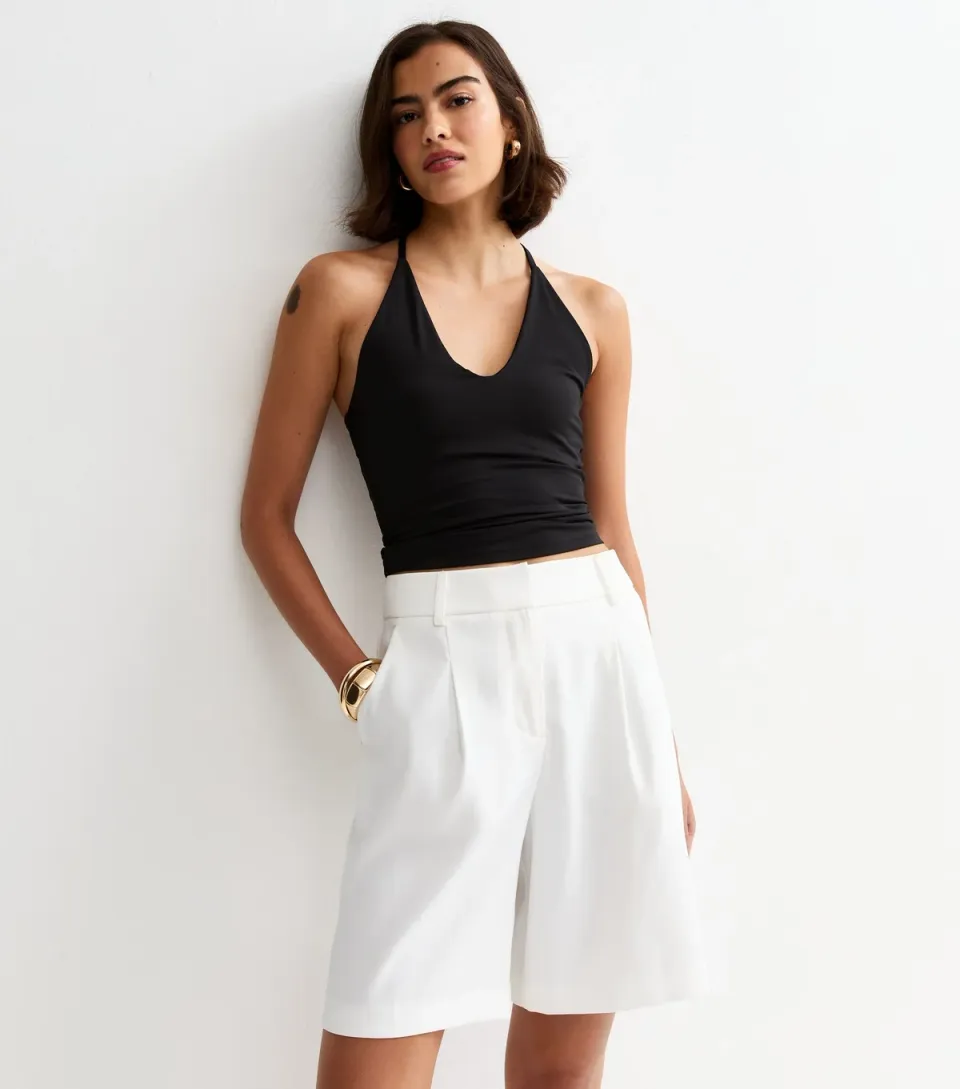 Women's White Longline Pleated Shorts