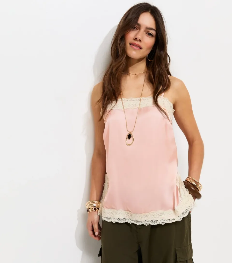 Women's Petite Pink Satin Lace Trim Cami Top