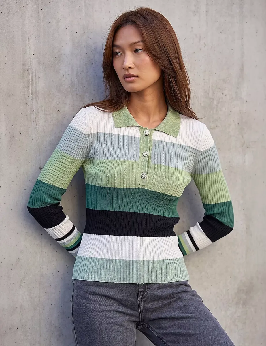 Striped Collared Regular Fit Top Green Mix