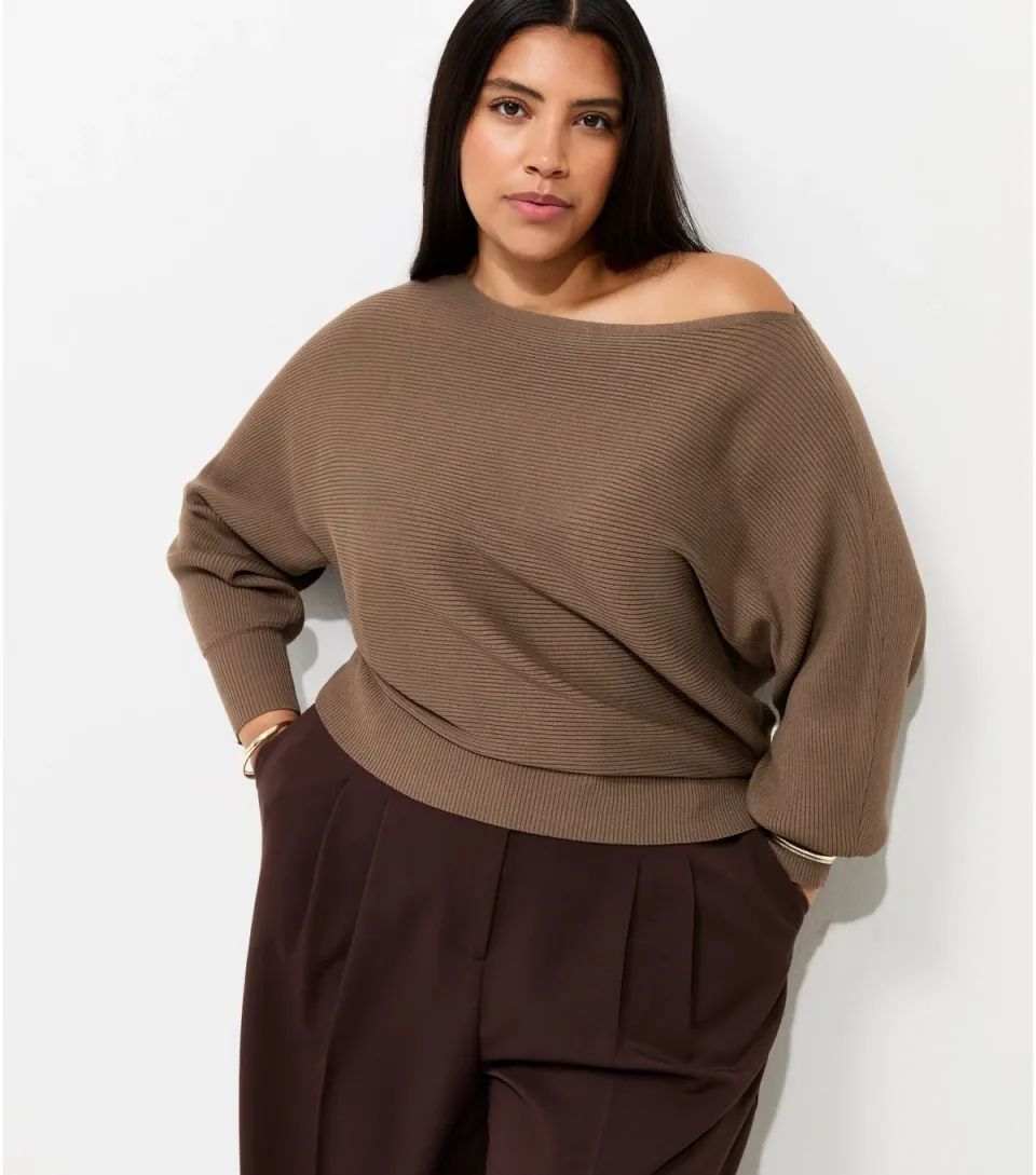 Women's Plus Size Dark Mink Ribbed Knit Slash Neck Batwing Sleeve Top Curves