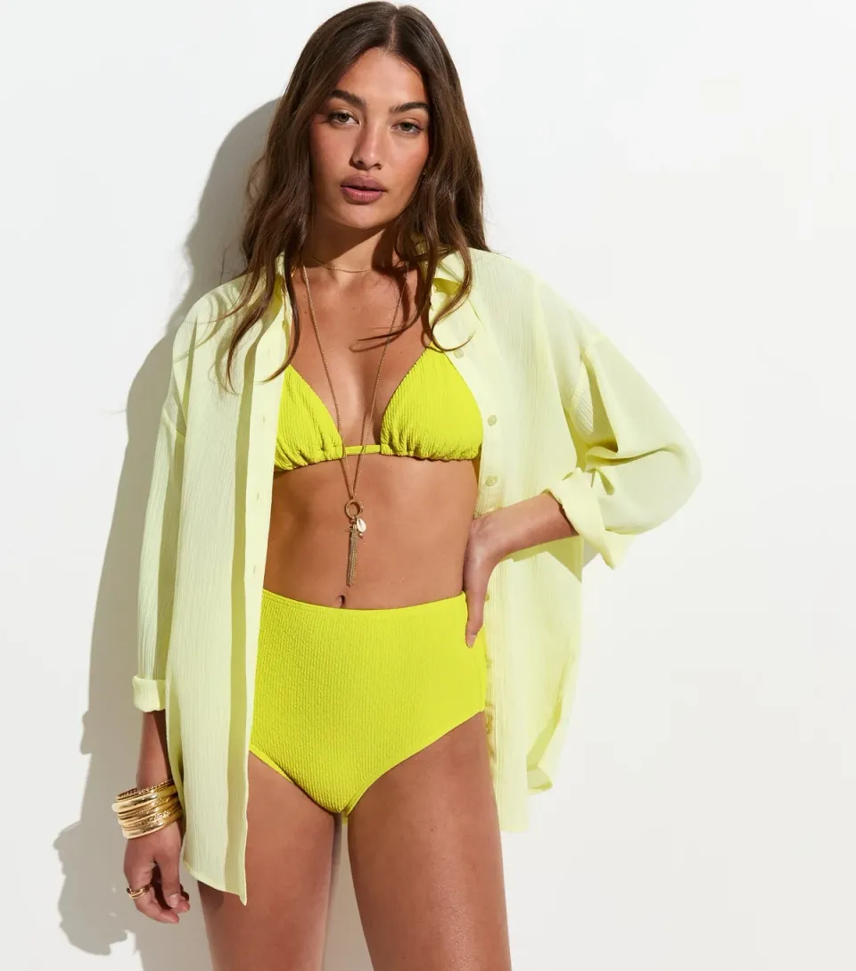 Women's Bright Yellow Crinkled High Waist Bikini Bottoms