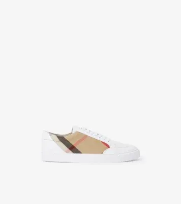 Check and Leather Sneakers in Optic white