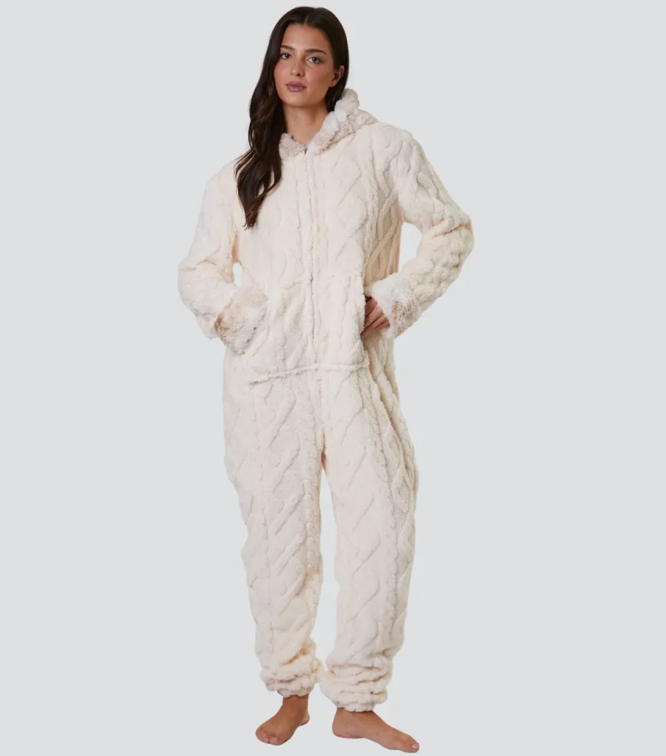 Women's Cream Cable Fleece Onesie