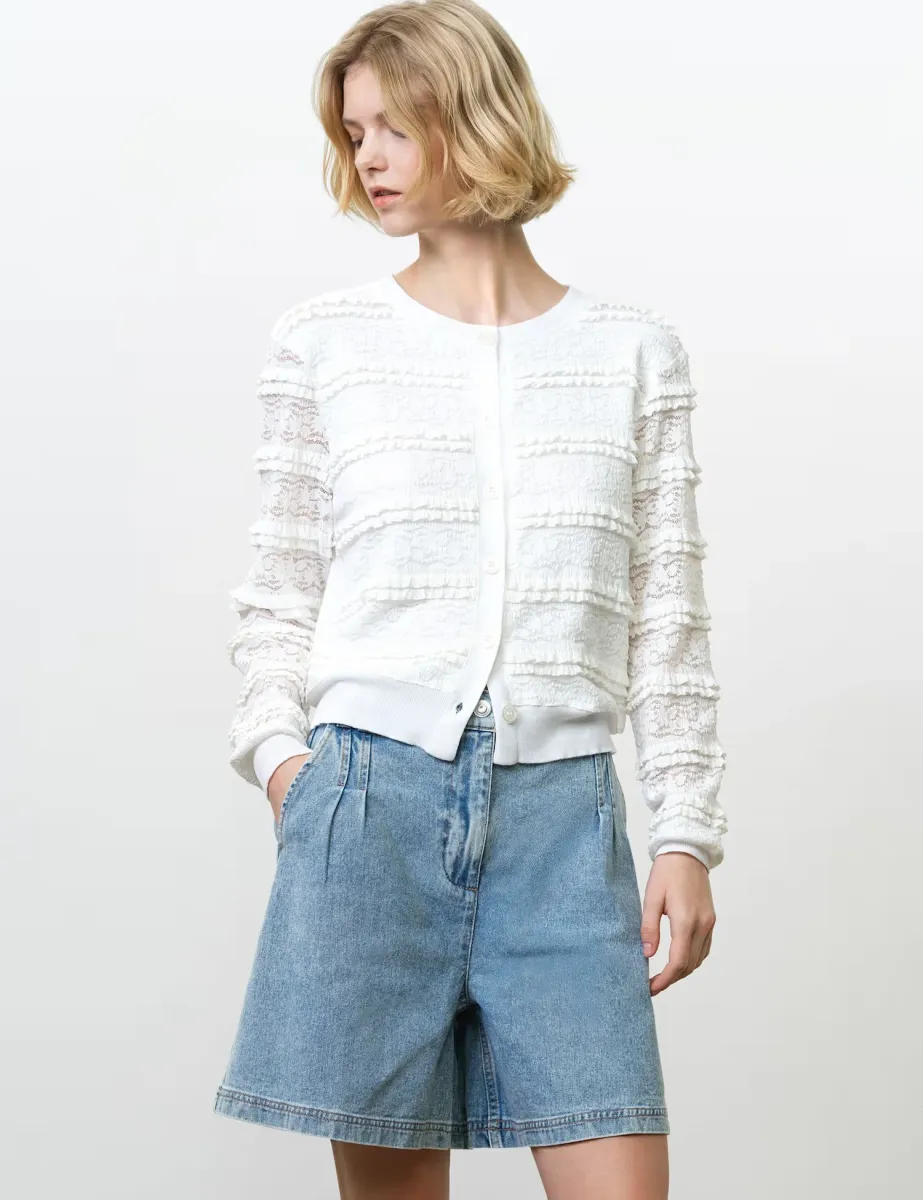 Lace Detail Ruffle Cardigan White