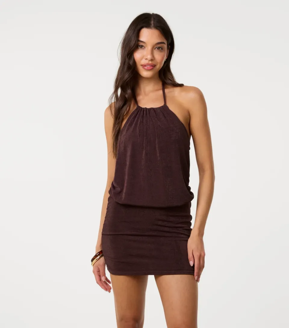 Women's Dark Brown Halter Neck Mini Dress
