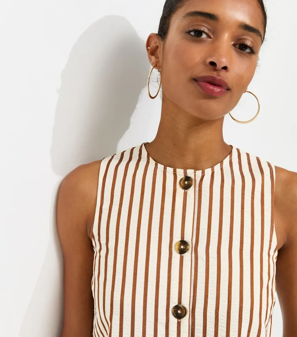 Women's Brown Striped Seersucker Buttoned Sleeveless Top