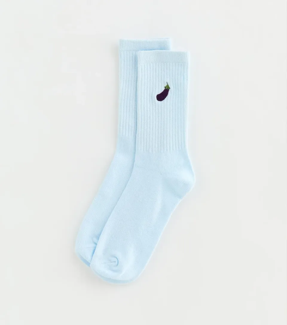 Blue Embroidered Aubergine Ribbed Tube Socks