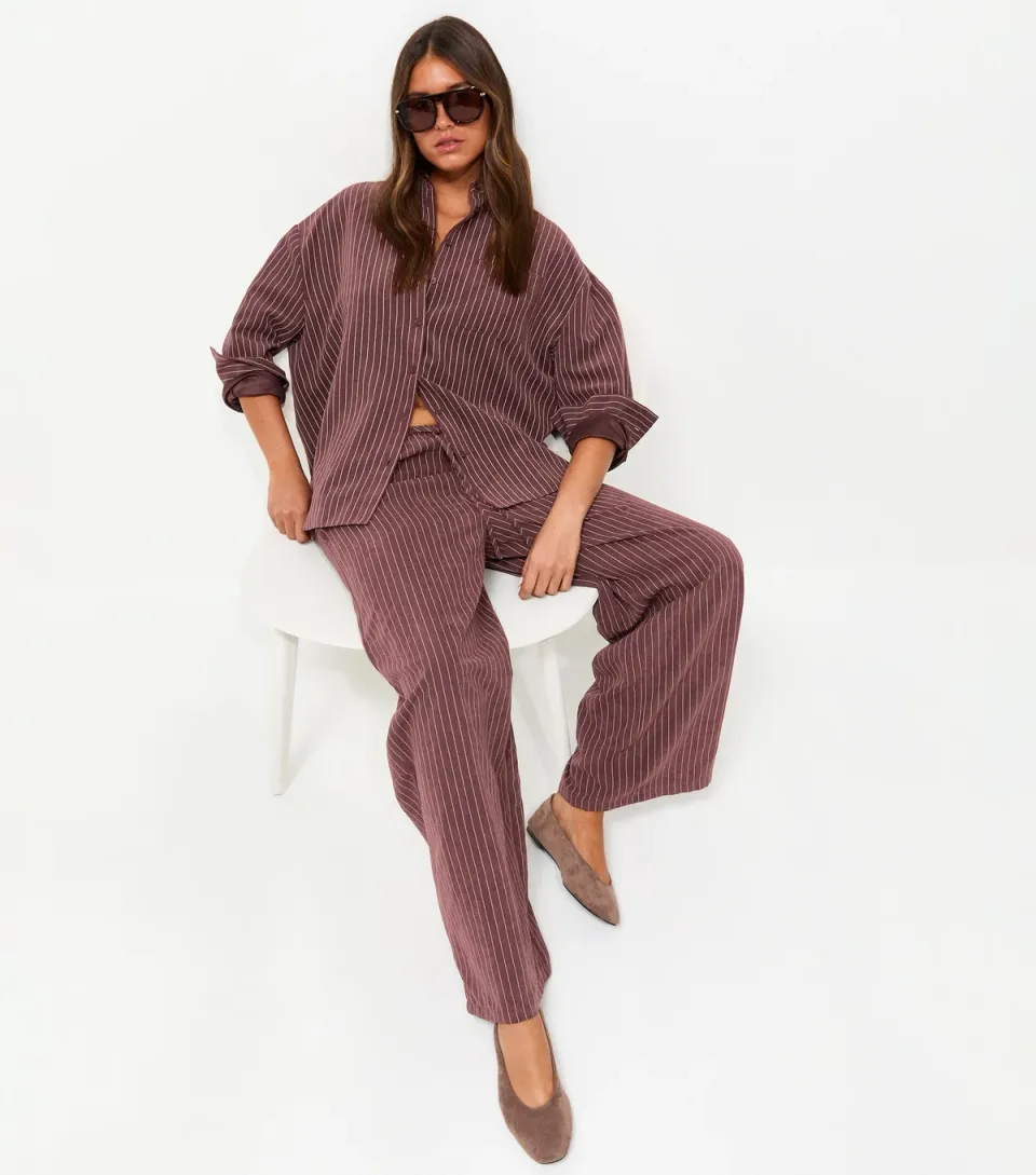 Women's Red Striped Woven Wide Leg Trousers