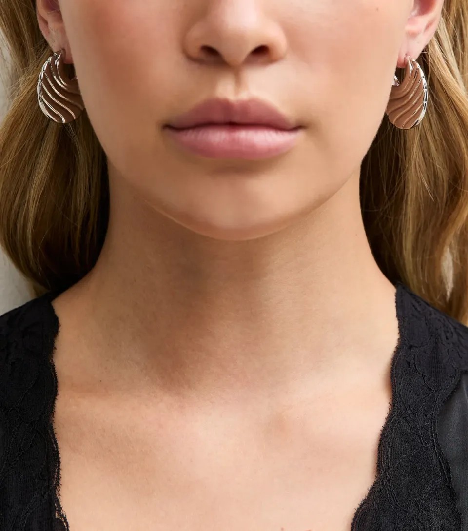 Silver Tone Ridged Flat Hoop Earrings