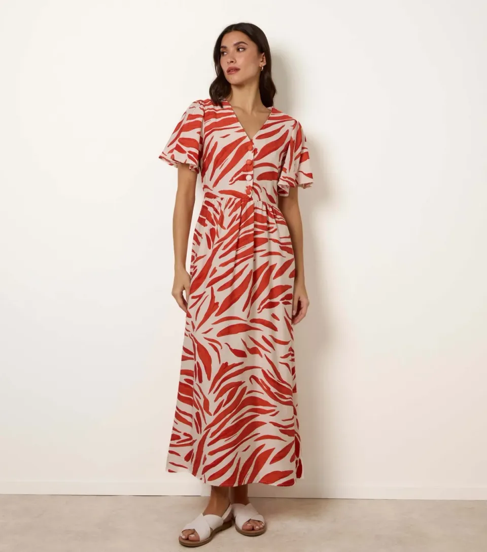 Women's Orange Brush Pattern Midi Dress
